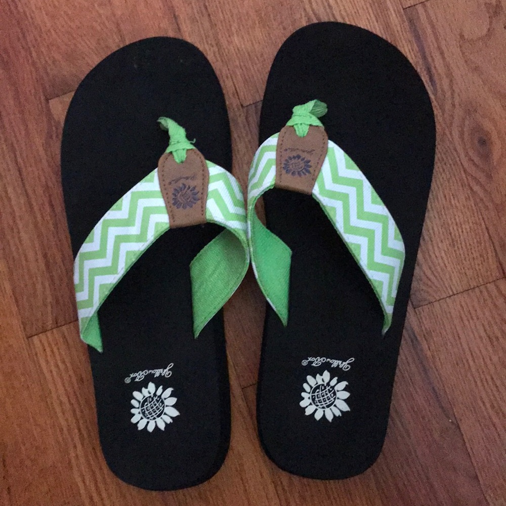 Yellow box flip flops